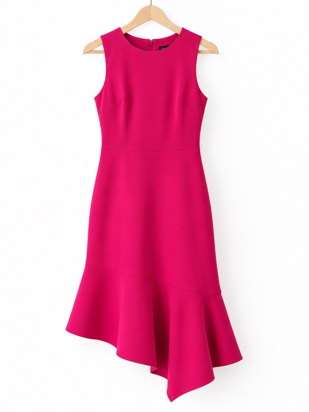 Vince Camuto Hot Pink Crewneck Sleeveless Asymmetrical Ruffle Hem Midi Dress NWT